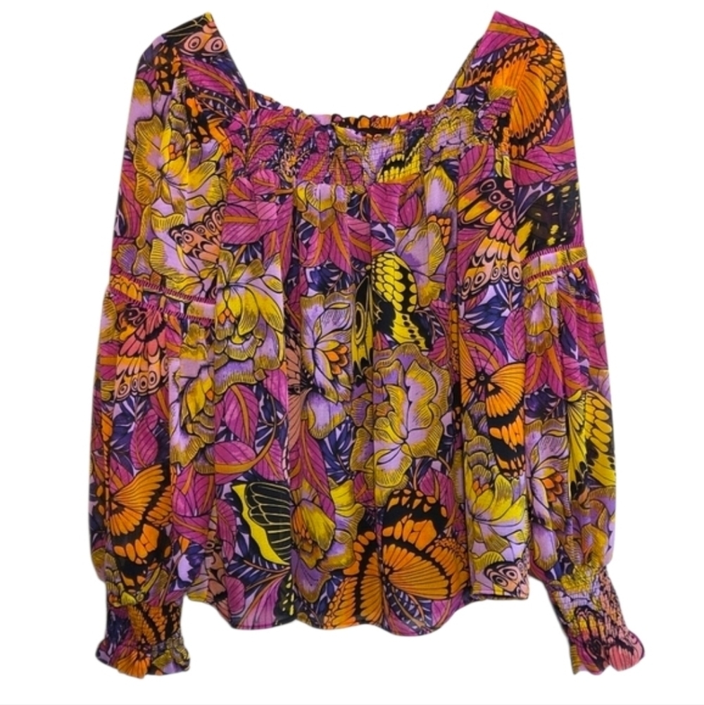 Alexandra Farmer for Anthropologie Butterflies Floral Puff Sleeved Blouse Sz S